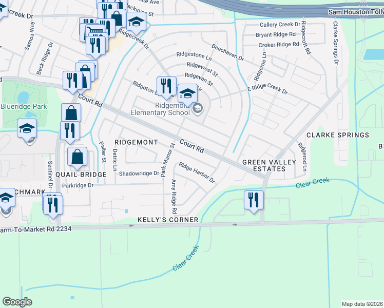 map of restaurants, bars, coffee shops, grocery stores, and more near 4850 Prairie Ridge Road in Houston