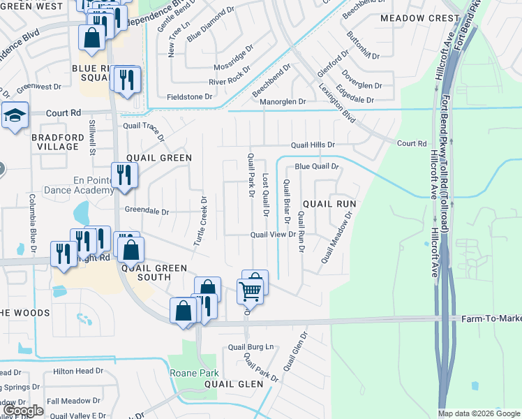 map of restaurants, bars, coffee shops, grocery stores, and more near 16603 Lost Quail Drive in Missouri City