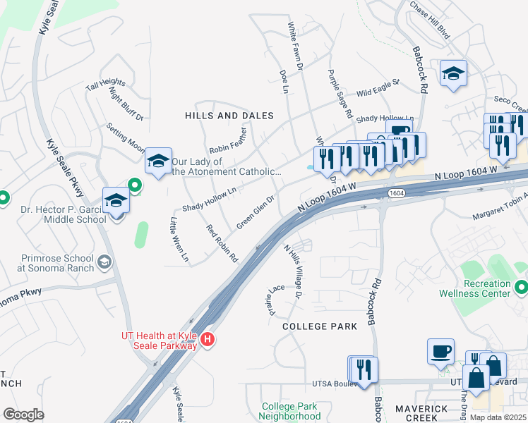 map of restaurants, bars, coffee shops, grocery stores, and more near 7726 Green Glen Drive in San Antonio
