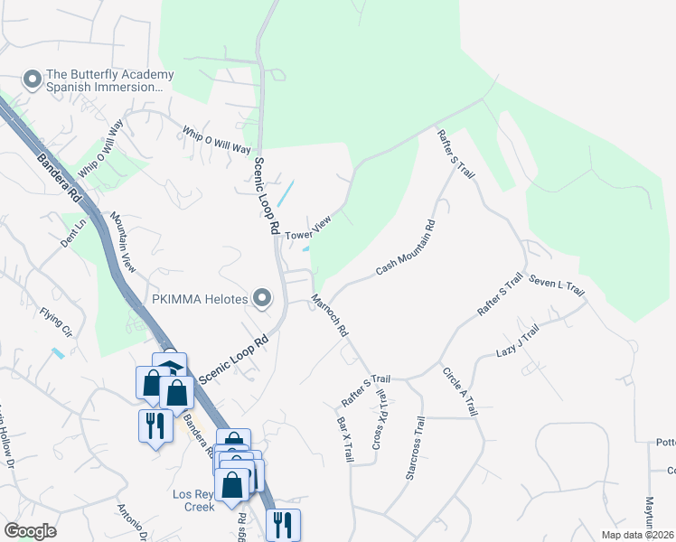 map of restaurants, bars, coffee shops, grocery stores, and more near 9889 Cash Mountain Road in Helotes