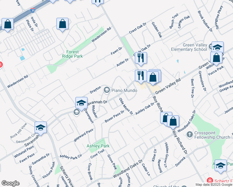 map of restaurants, bars, coffee shops, grocery stores, and more near 3801 Olde Moss Street in Schertz