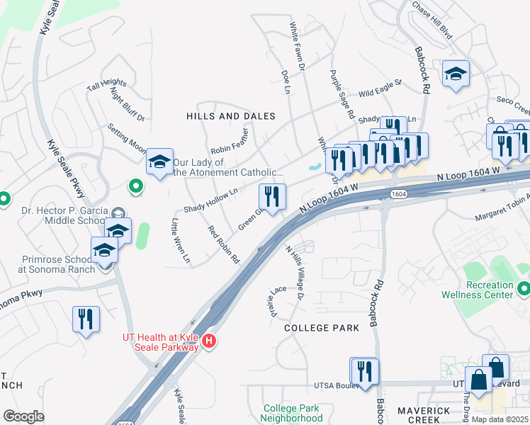 map of restaurants, bars, coffee shops, grocery stores, and more near 7726 Green Glen Drive in San Antonio