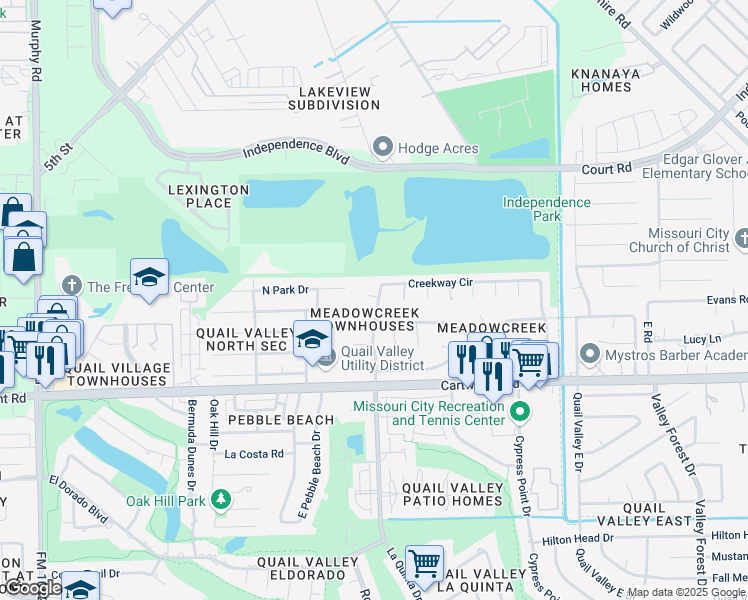 map of restaurants, bars, coffee shops, grocery stores, and more near 3005 Gilmar Drive in Missouri City