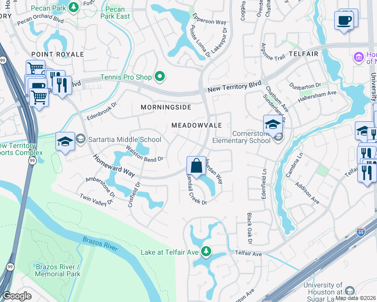 map of restaurants, bars, coffee shops, grocery stores, and more near 1714 Monvale Lane in Sugar Land