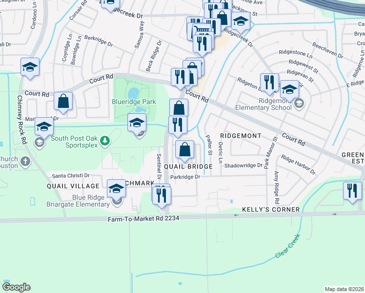 map of restaurants, bars, coffee shops, grocery stores, and more near 5474 Quail Cove Lane in Houston