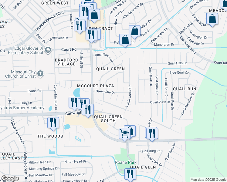 map of restaurants, bars, coffee shops, grocery stores, and more near 2731 Green Meadow Court in Missouri City