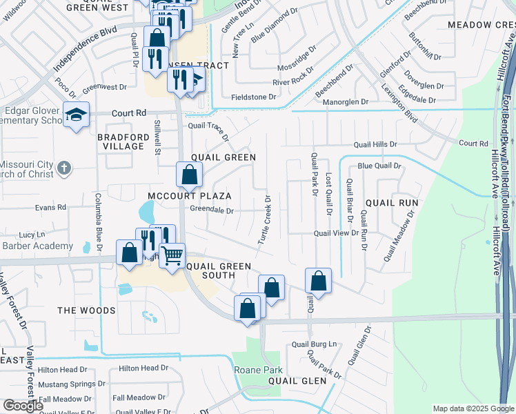 map of restaurants, bars, coffee shops, grocery stores, and more near 2763 Green Hollow Ct in Missouri City