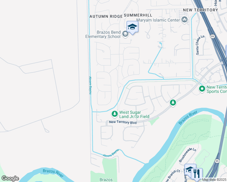 map of restaurants, bars, coffee shops, grocery stores, and more near 1023 Evandale Lane in Sugar Land