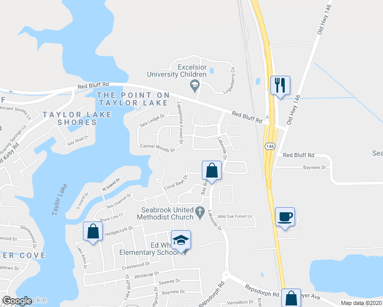 map of restaurants, bars, coffee shops, grocery stores, and more near 2649 Lakeway Dr in Seabrook