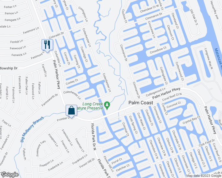 map of restaurants, bars, coffee shops, grocery stores, and more near 58 Colechester Lane in Palm Coast