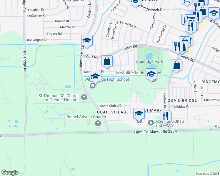 map of restaurants, bars, coffee shops, grocery stores, and more near 16301 Chimney Rock Road in Houston
