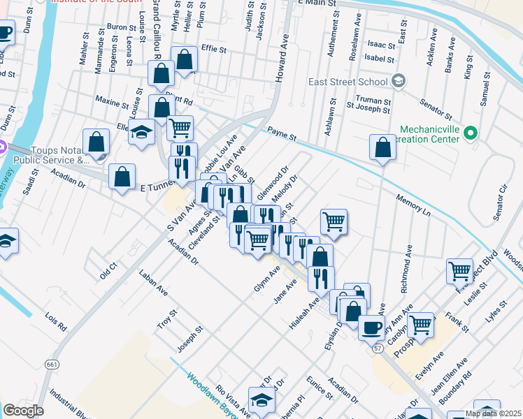 map of restaurants, bars, coffee shops, grocery stores, and more near 107 Melody Drive in Houma