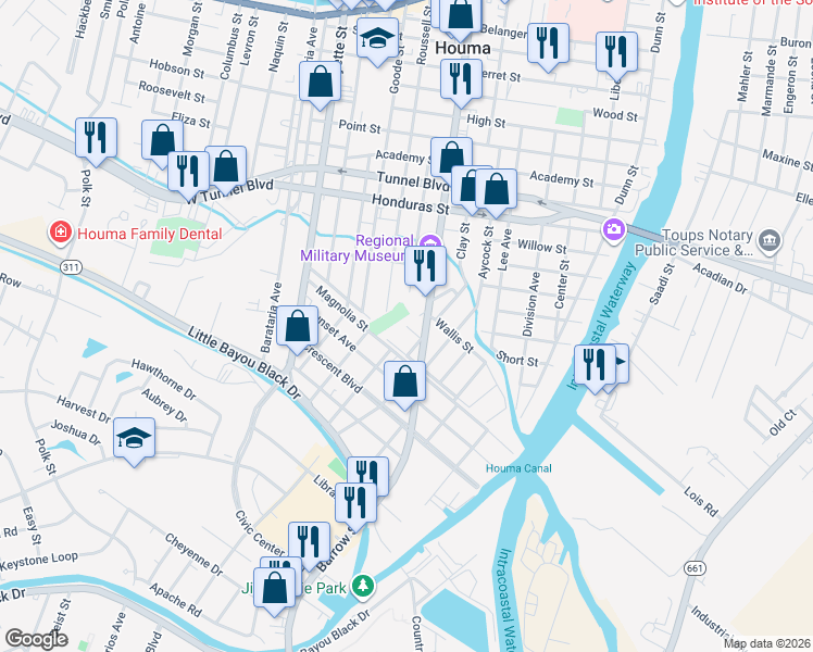 map of restaurants, bars, coffee shops, grocery stores, and more near 699 Zeringer St in Houma