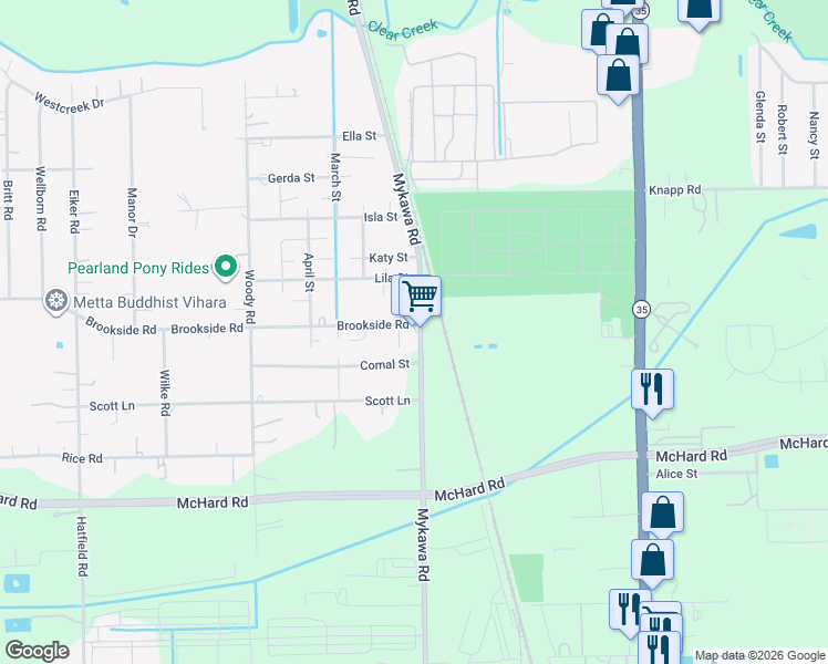 map of restaurants, bars, coffee shops, grocery stores, and more near 13002 Mykawa Road in Pearland