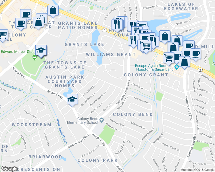 map of restaurants, bars, coffee shops, grocery stores, and more near 2710 Pepperwood Lane in Sugar Land