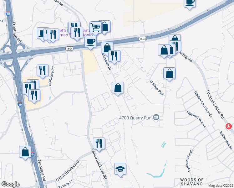 map of restaurants, bars, coffee shops, grocery stores, and more near 15150 Tradesman in San Antonio