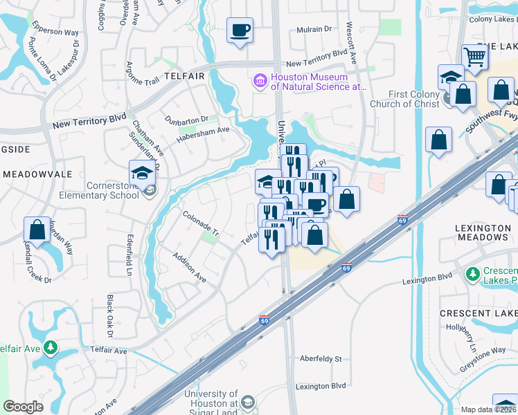 map of restaurants, bars, coffee shops, grocery stores, and more near 1722 Harmony Avenue in Sugar Land