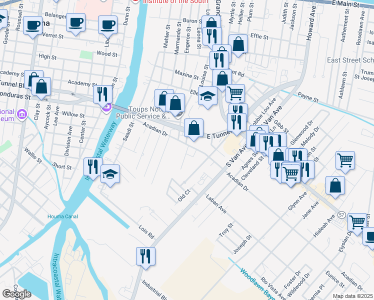 map of restaurants, bars, coffee shops, grocery stores, and more near 101 Chateau Court in Houma
