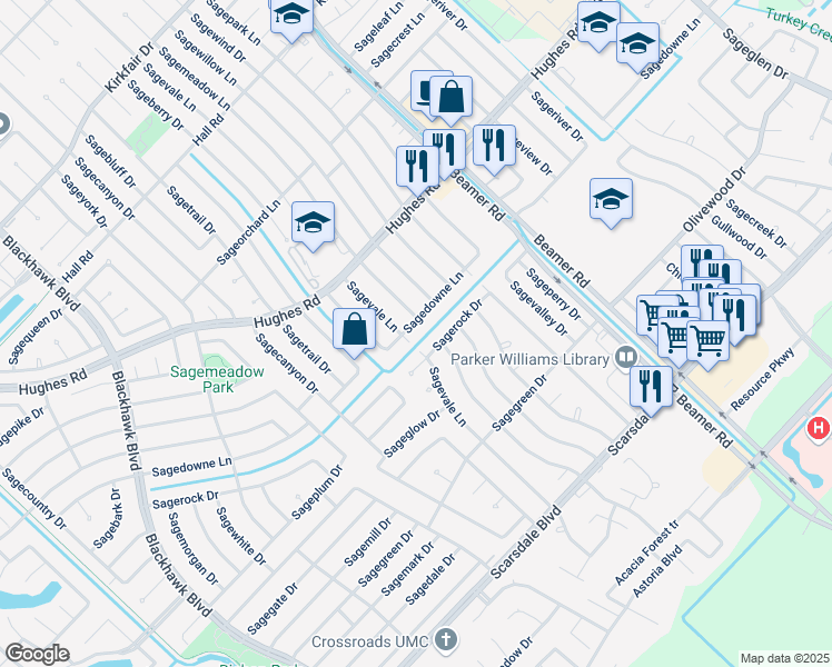 map of restaurants, bars, coffee shops, grocery stores, and more near 10511 Sagerock Drive in Houston