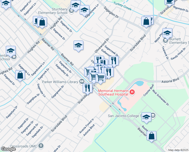 map of restaurants, bars, coffee shops, grocery stores, and more near 12501 Beamer Road in Houston