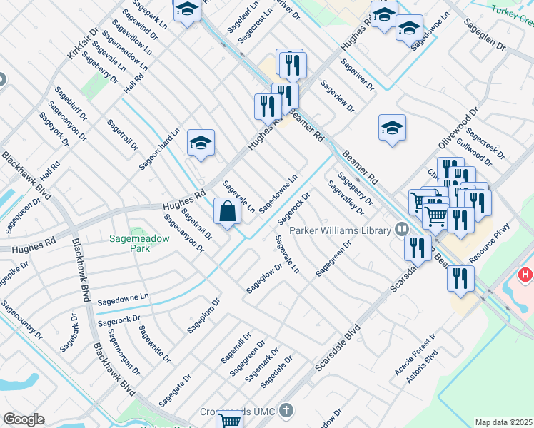 map of restaurants, bars, coffee shops, grocery stores, and more near 10511 Sagerock Drive in Houston
