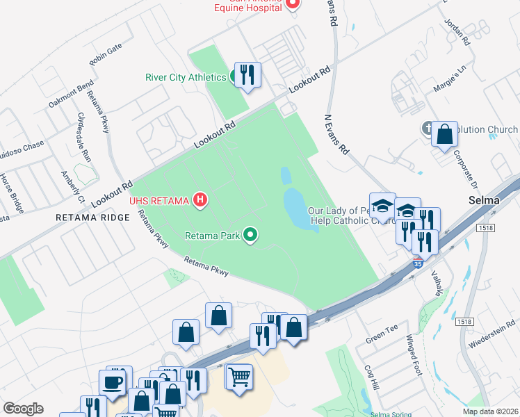 map of restaurants, bars, coffee shops, grocery stores, and more near 9023 Retama Parkway in Selma