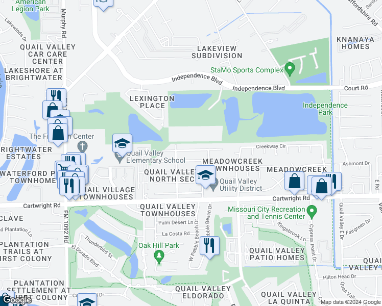 map of restaurants, bars, coffee shops, grocery stores, and more near 3215 North Park Drive in Missouri City