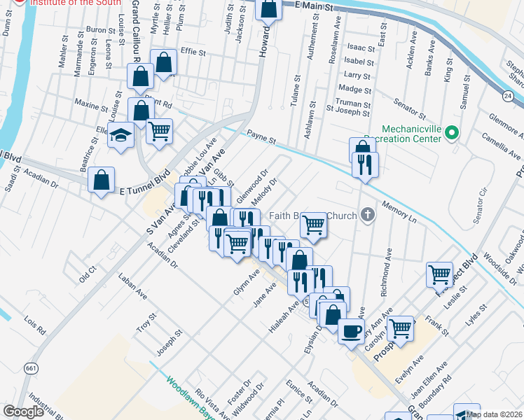 map of restaurants, bars, coffee shops, grocery stores, and more near 200 Patterson Street in Houma