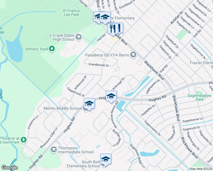 map of restaurants, bars, coffee shops, grocery stores, and more near 8411 Kirksage Drive in Houston