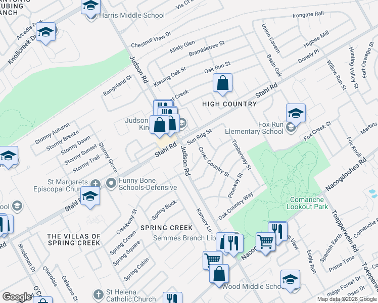 map of restaurants, bars, coffee shops, grocery stores, and more near 15200 Judson Road in San Antonio