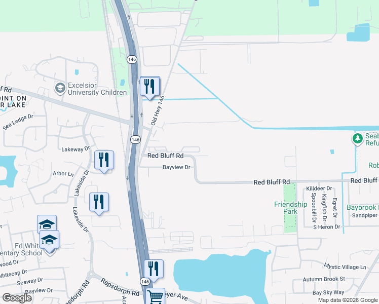map of restaurants, bars, coffee shops, grocery stores, and more near 1900 Red Bluff Road in Seabrook