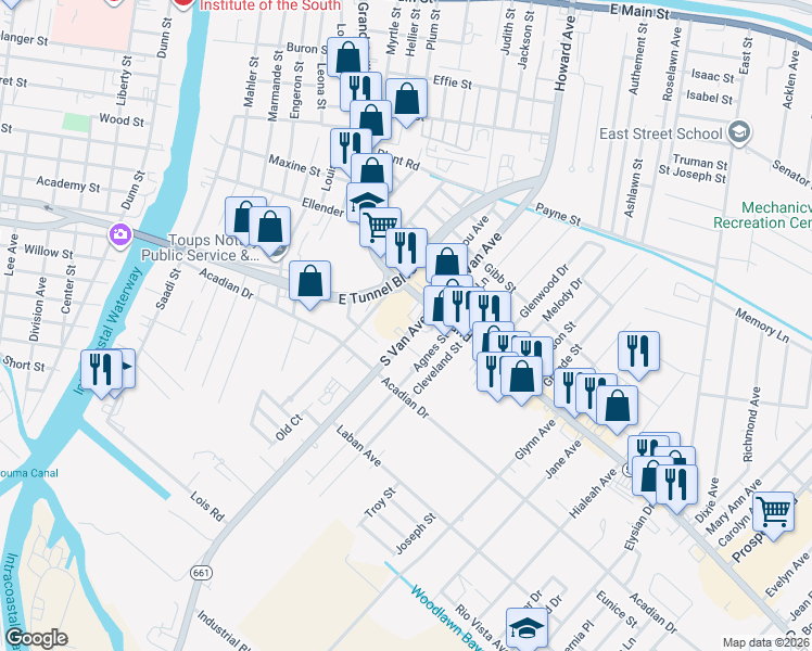 map of restaurants, bars, coffee shops, grocery stores, and more near 105-133 S Van Ave in Houma