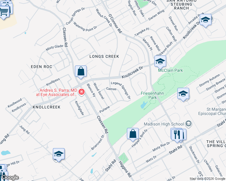 map of restaurants, bars, coffee shops, grocery stores, and more near 4848 Camas in San Antonio