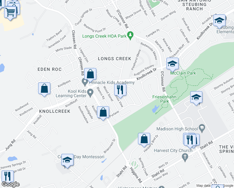 map of restaurants, bars, coffee shops, grocery stores, and more near 15510 Cross Vine in San Antonio