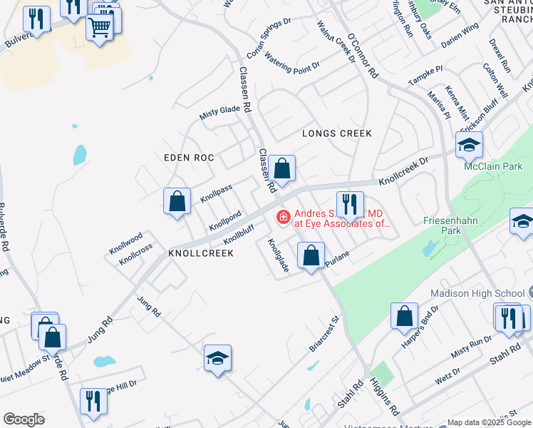 map of restaurants, bars, coffee shops, grocery stores, and more near 15618 Knollcliff in San Antonio