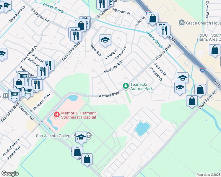 map of restaurants, bars, coffee shops, grocery stores, and more near 12018 Rhinebeck Drive in Houston