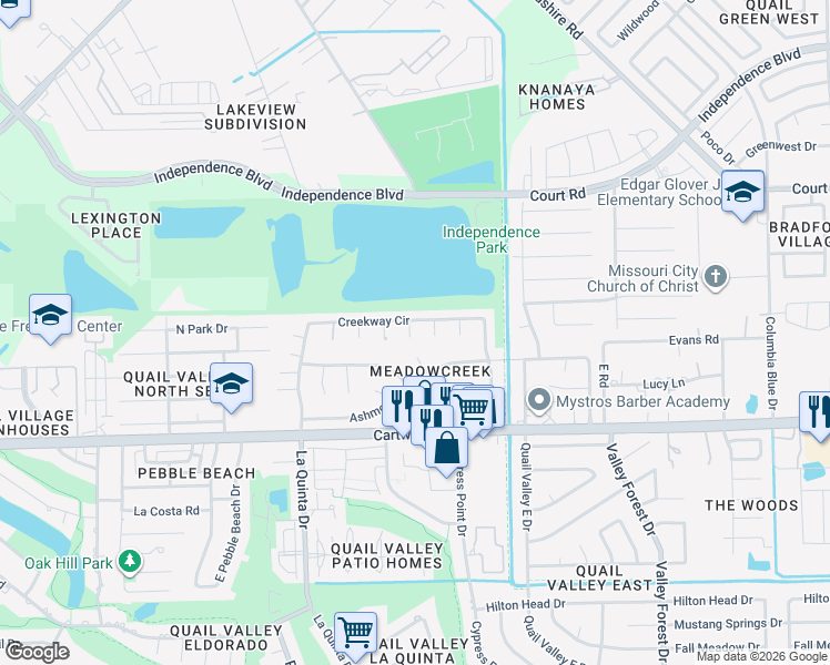 map of restaurants, bars, coffee shops, grocery stores, and more near 2223 Kingston Court in Missouri City