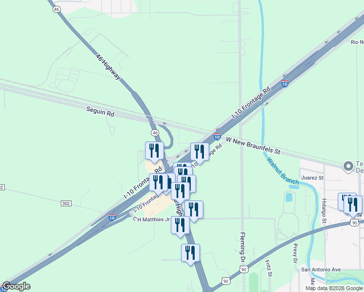 map of restaurants, bars, coffee shops, grocery stores, and more near 1609 Paloma Street in Seguin