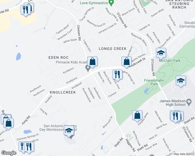 map of restaurants, bars, coffee shops, grocery stores, and more near 16534 Alwick Lane in San Antonio