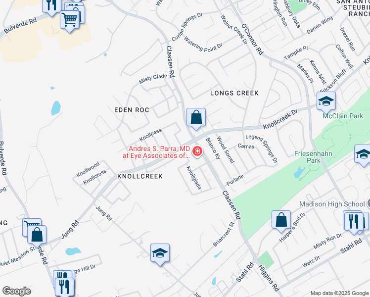 map of restaurants, bars, coffee shops, grocery stores, and more near 15618 Knollcliff in San Antonio