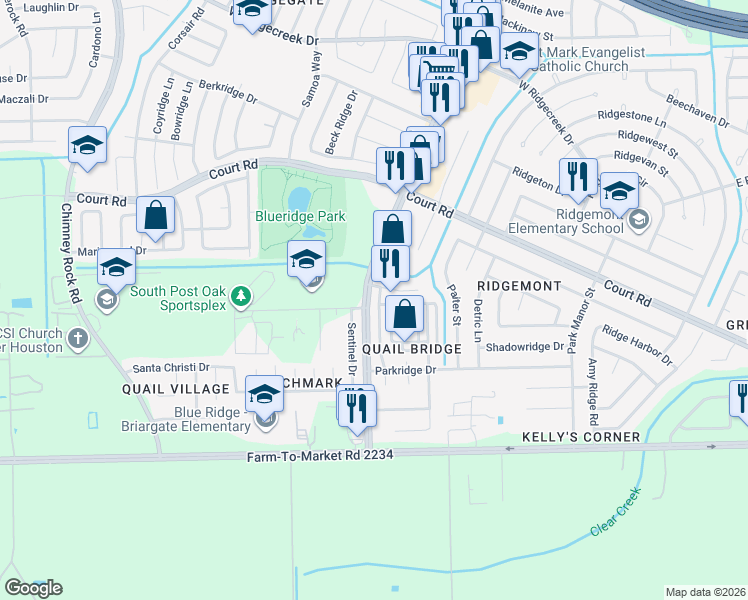 map of restaurants, bars, coffee shops, grocery stores, and more near 16410 Monte Carlo Lane in Houston