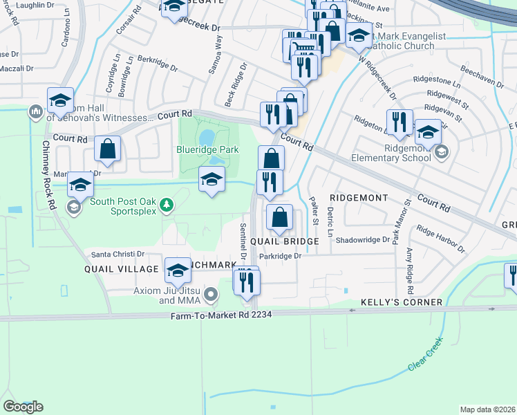 map of restaurants, bars, coffee shops, grocery stores, and more near 16410 Monte Carlo Lane in Houston