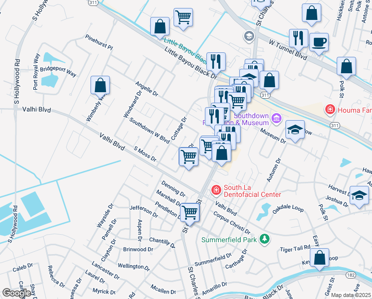 map of restaurants, bars, coffee shops, grocery stores, and more near 1300 Levee Drive in Houma