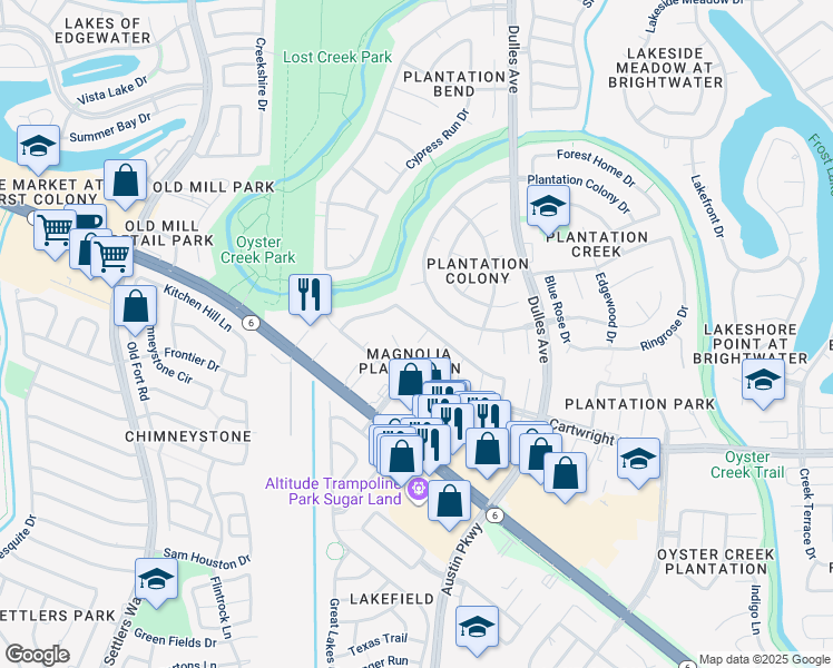 map of restaurants, bars, coffee shops, grocery stores, and more near 4327 Tarlton Way in Sugar Land