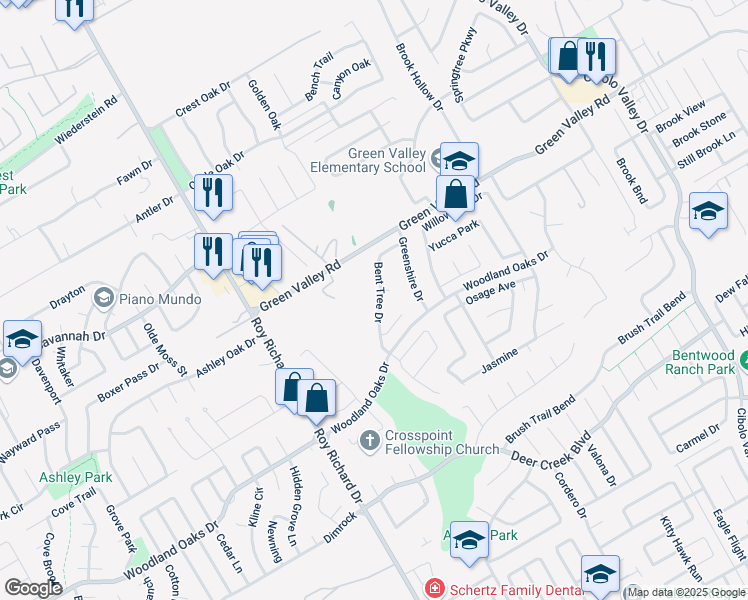 map of restaurants, bars, coffee shops, grocery stores, and more near 2912 Bent Tree Drive in Schertz