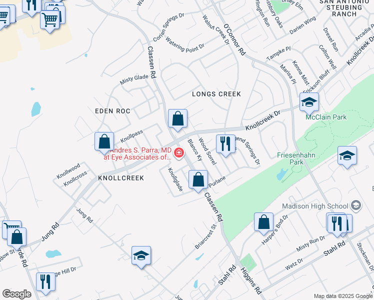 map of restaurants, bars, coffee shops, grocery stores, and more near 16534 Alwick Lane in San Antonio