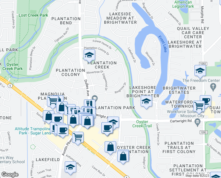 map of restaurants, bars, coffee shops, grocery stores, and more near 4523 Plantation Creek Drive in Missouri City