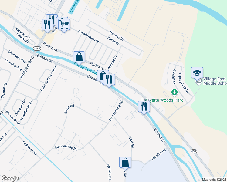 map of restaurants, bars, coffee shops, grocery stores, and more near East Main Street in Houma
