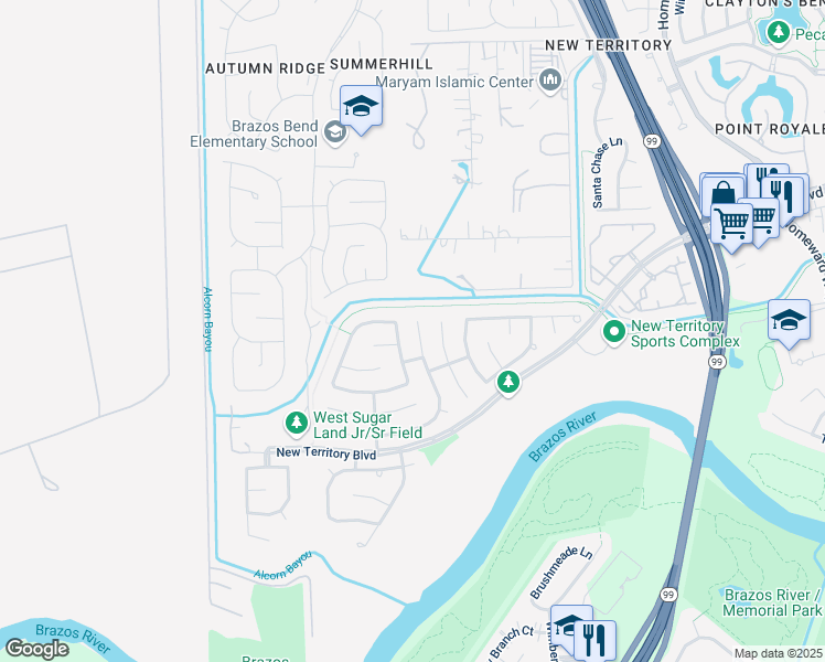 map of restaurants, bars, coffee shops, grocery stores, and more near 1118 Oxford Mills Lane in Sugar Land