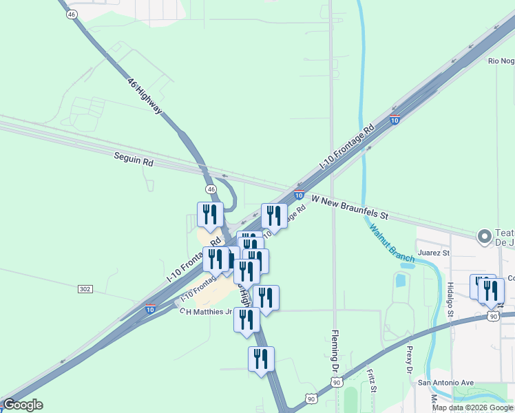map of restaurants, bars, coffee shops, grocery stores, and more near 1609 Paloma Street in Seguin